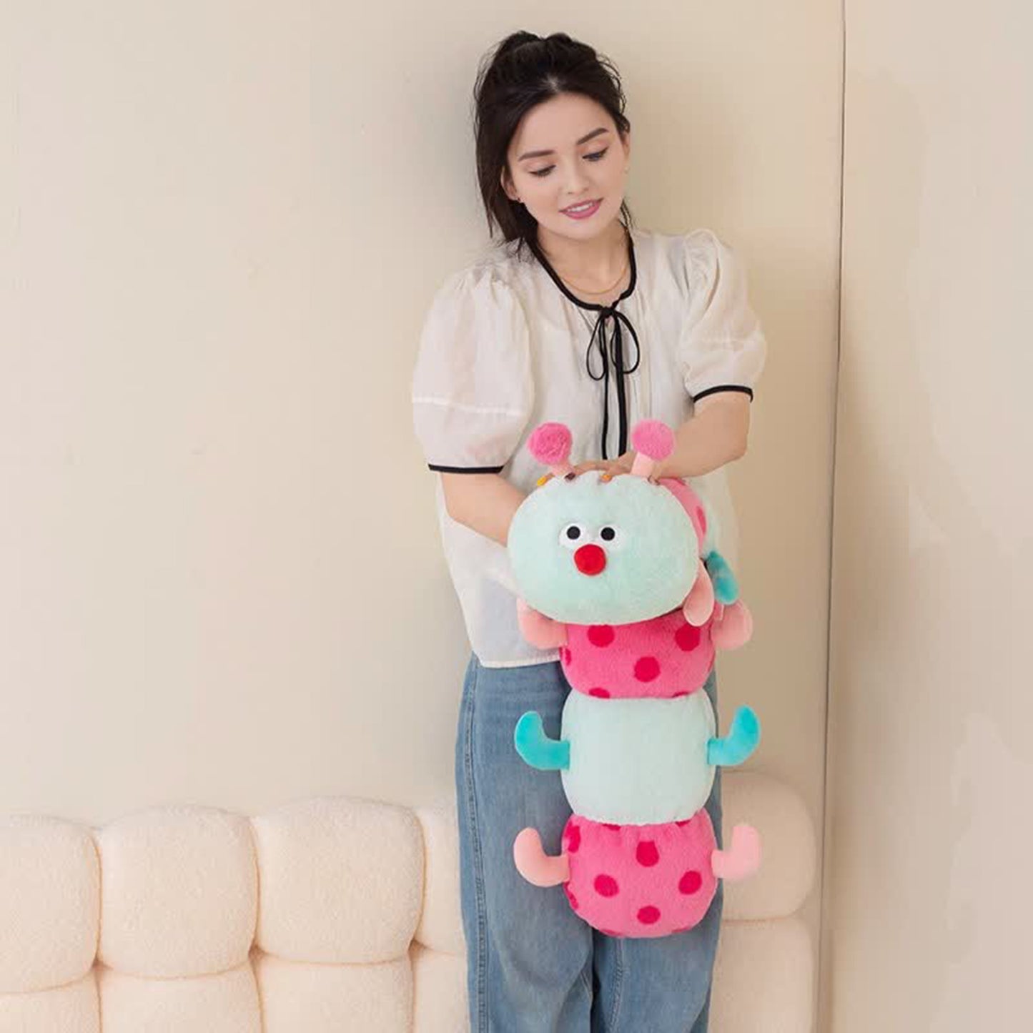 35.4 Inch Caterpillar Stuffed Animals Colorful Caterpillar Plush Toys Hugging Pillow Soft Plushies Doll (Aqua)