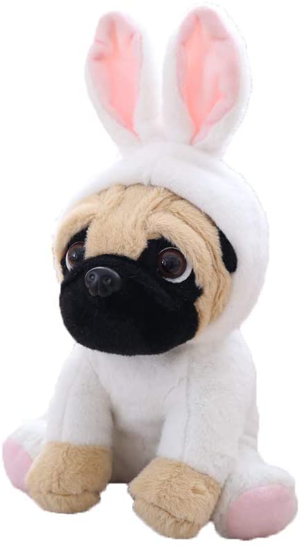 Pug Dog Stuffed Animal in White Coney Costume, Adorable Plushies Pug Wearing Rabbit Outfit, Plush Toys as Great Gift for Kids. Stuffed Animals for Daily 10 Inch
