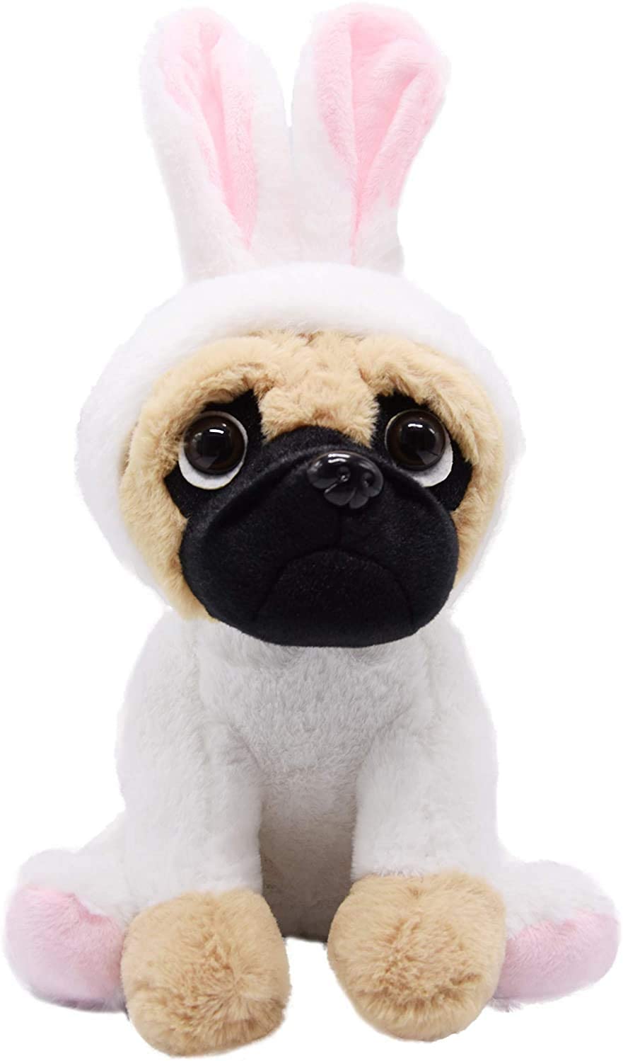 Pug Dog Stuffed Animal in White Coney Costume, Adorable Plushies Pug Wearing Rabbit Outfit, Plush Toys as Great Gift for Kids. Stuffed Animals for Daily 10 Inch