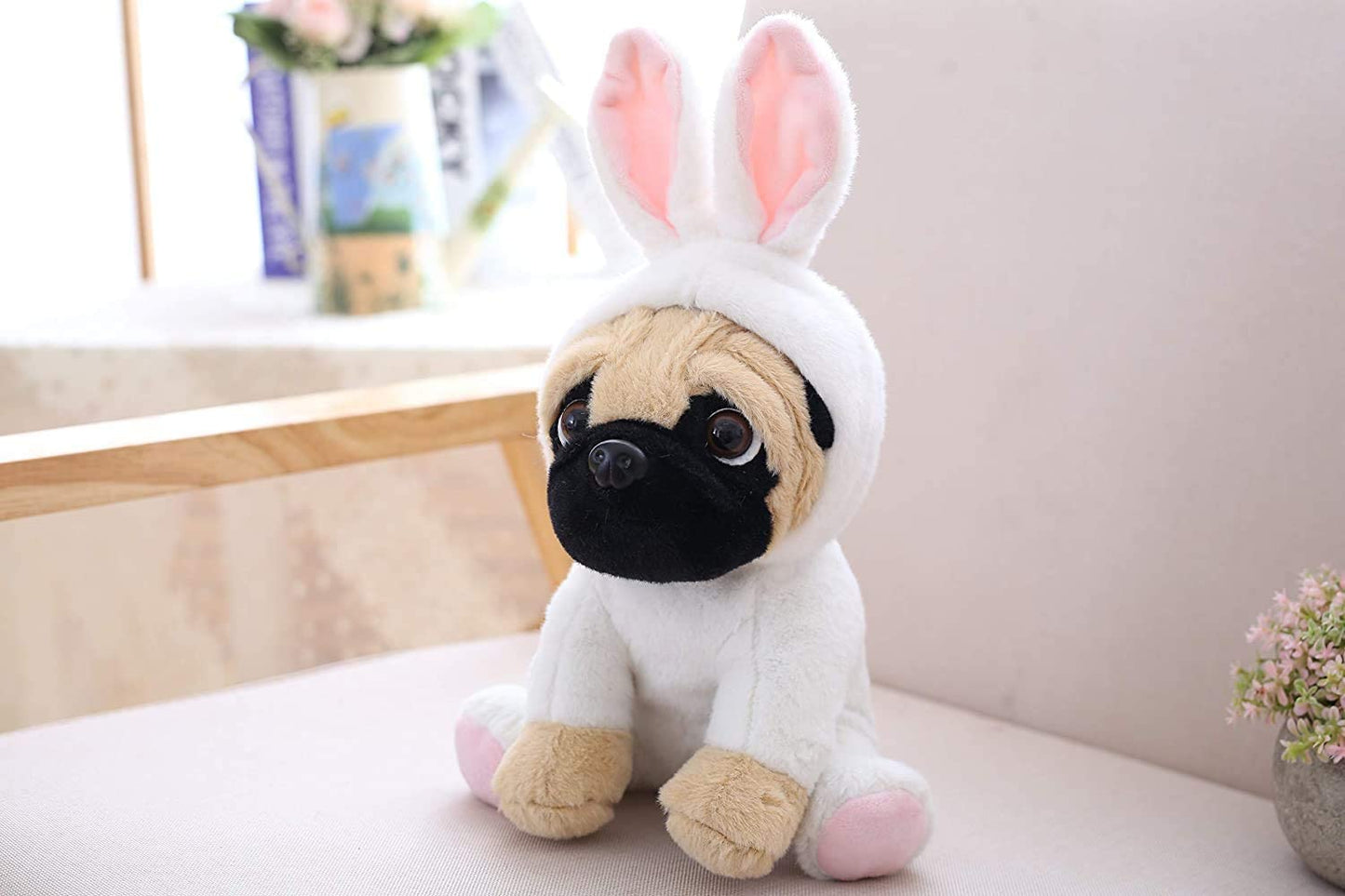 Pug Dog Stuffed Animal in White Coney Costume, Adorable Plushies Pug Wearing Rabbit Outfit, Plush Toys as Great Gift for Kids. Stuffed Animals for Daily 10 Inch
