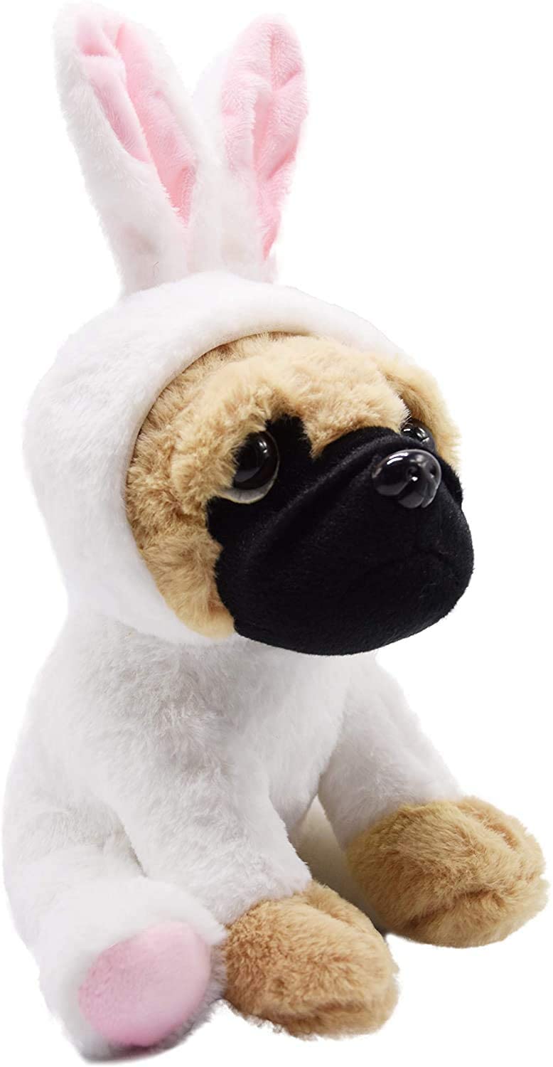Pug Dog Stuffed Animal in White Coney Costume, Adorable Plushies Pug Wearing Rabbit Outfit, Plush Toys as Great Gift for Kids. Stuffed Animals for Daily 10 Inch