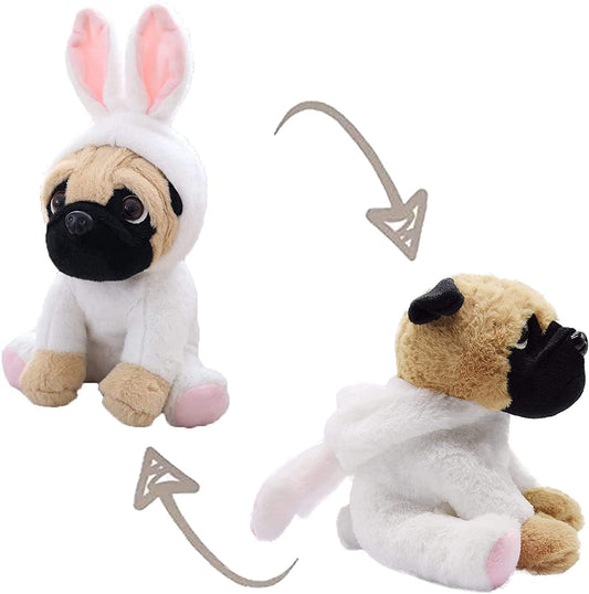 Pug Dog Stuffed Animal in White Coney Costume, Adorable Plushies Pug Wearing Rabbit Outfit, Plush Toys as Great Gift for Kids. Stuffed Animals for Daily 10 Inch